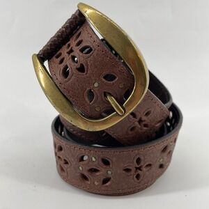 Geniune Leather Women L Floral Cut Out Belt Brass Western Boho Studs 1.5"W